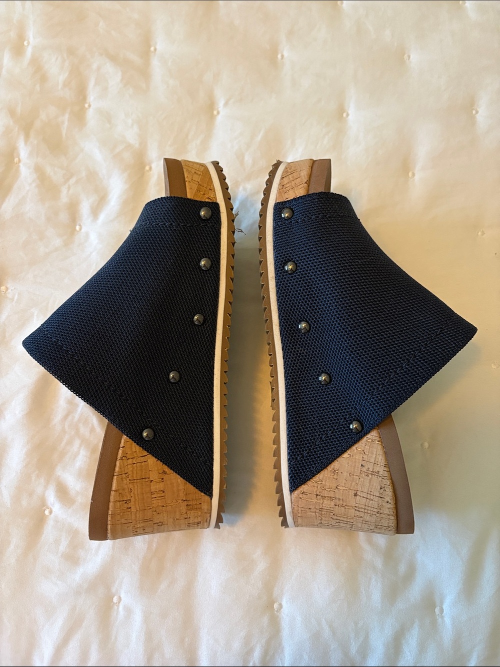 Corkys Navy Fabric Wedge Slide Sandals - Picture 3 of 7